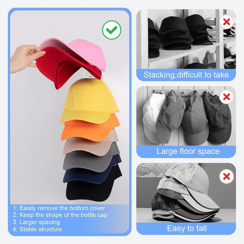 Dntorx Hat Organizer for Baseball Caps, 2 Pack Transparent Hat Rack for Wall Hold up to 18 Hats Strong Adhesive Hat Hooks Stand Hat Hanger Organizer Storage Holder Display for Door Closet - Image 2